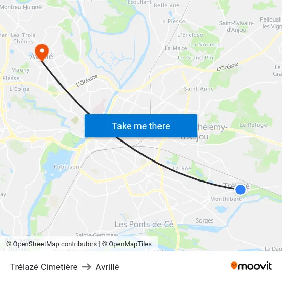 Trélazé Cimetière to Avrillé map