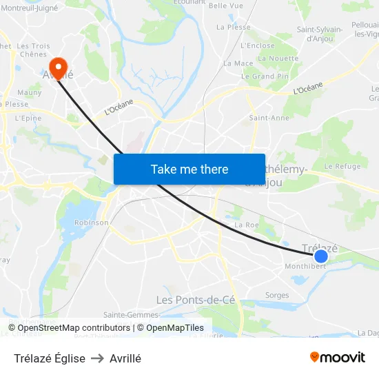 Trélazé Église to Avrillé map