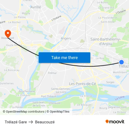 Trélazé Gare to Beaucouzé map