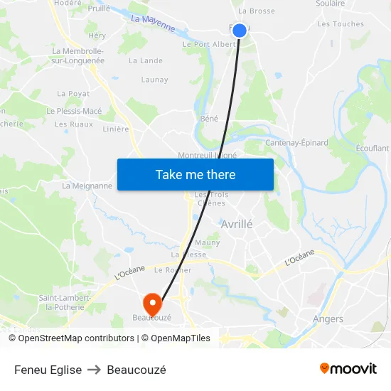 Feneu Eglise to Beaucouzé map