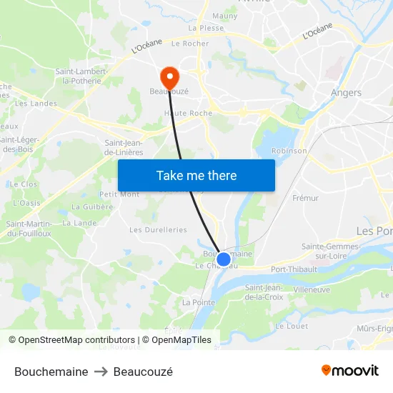 Bouchemaine Centre to Beaucouzé map