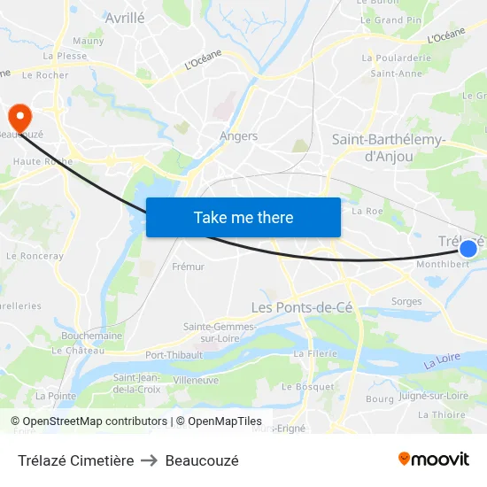 Trélazé Cimetière to Beaucouzé map