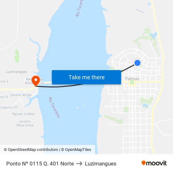 Ponto Nº 0115 Q. 401 Norte to Luzimangues map