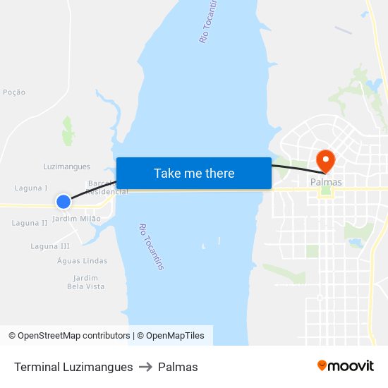 Terminal Luzimangues to Palmas map