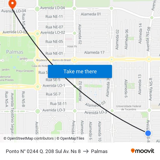 Ponto N° 0244 Q. 208 Sul Av. Ns 8 to Palmas map