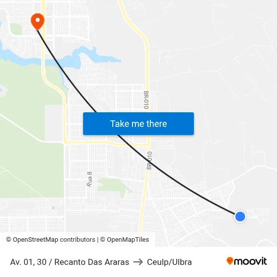 Av. 01, 30 / Recanto Das Araras to Ceulp/Ulbra map
