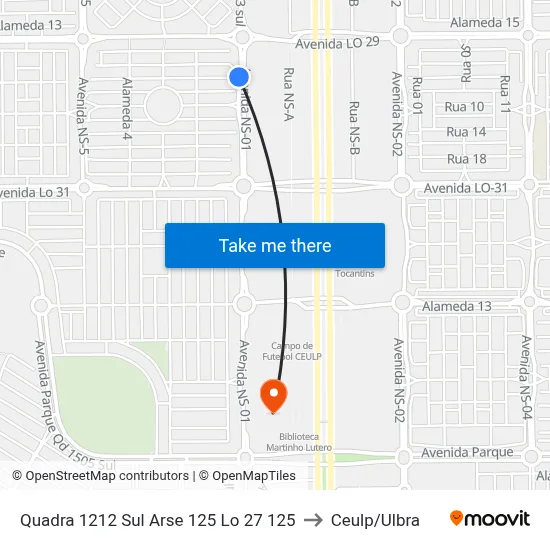 Quadra 1212 Sul Arse 125 Lo 27 125 to Ceulp/Ulbra map