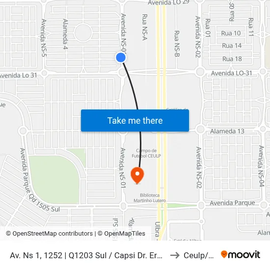 Av. Ns 1, 1252 | Q1203 Sul / Capsi Dr. Ermílio Fernandes to Ceulp/Ulbra map
