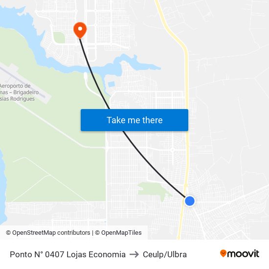 Ponto N° 0407 Lojas Economia to Ceulp/Ulbra map