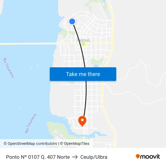 Ponto Nº 0107 Q. 407 Norte to Ceulp/Ulbra map