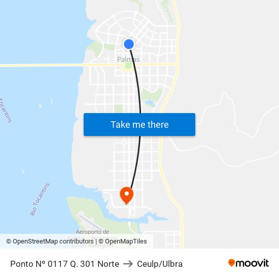 Ponto Nº 0117 Q. 301 Norte to Ceulp/Ulbra map