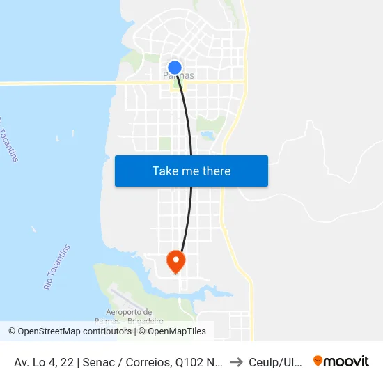 Av. Lo 4, 22 | Senac / Correios, Q102 Norte to Ceulp/Ulbra map