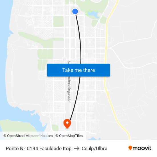 Ponto Nº 0194 Faculdade Itop to Ceulp/Ulbra map