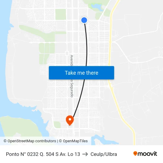 Ponto N° 0232 Q. 504 S Av. Lo 13 to Ceulp/Ulbra map