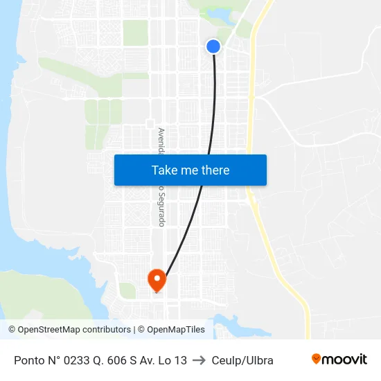 Ponto N° 0233 Q. 606 S Av. Lo 13 to Ceulp/Ulbra map