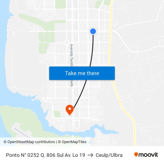 Ponto N° 0252 Q. 806 Sul Av. Lo 19 to Ceulp/Ulbra map