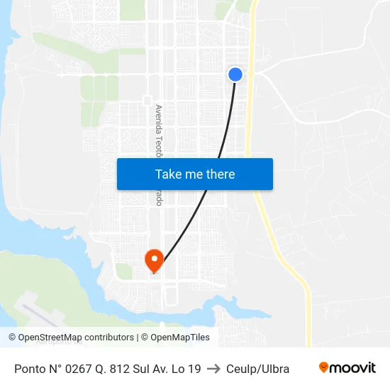 Ponto N° 0267 Q. 812 Sul Av. Lo 19 to Ceulp/Ulbra map