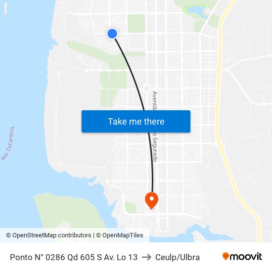Ponto N° 0286 Qd 605 S Av. Lo 13 to Ceulp/Ulbra map