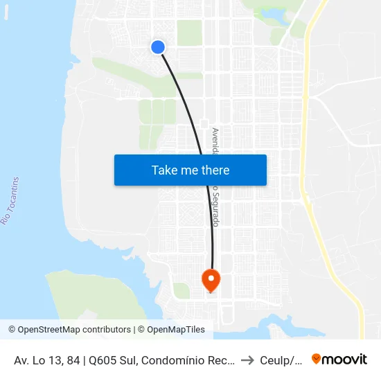 Av. Lo 13, 84 | Q605 Sul, Condomínio Recanto Das Araras to Ceulp/Ulbra map