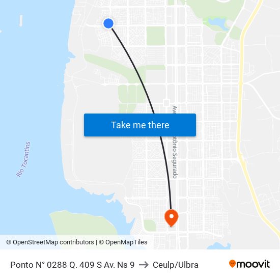 Ponto N° 0288 Q. 409 S Av. Ns 9 to Ceulp/Ulbra map