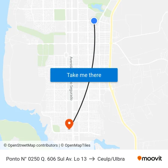 Ponto N° 0250 Q. 606 Sul Av. Lo 13 to Ceulp/Ulbra map