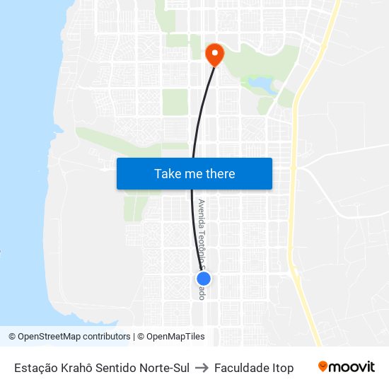 Estação Krahô Sentido Norte-Sul to Faculdade Itop map