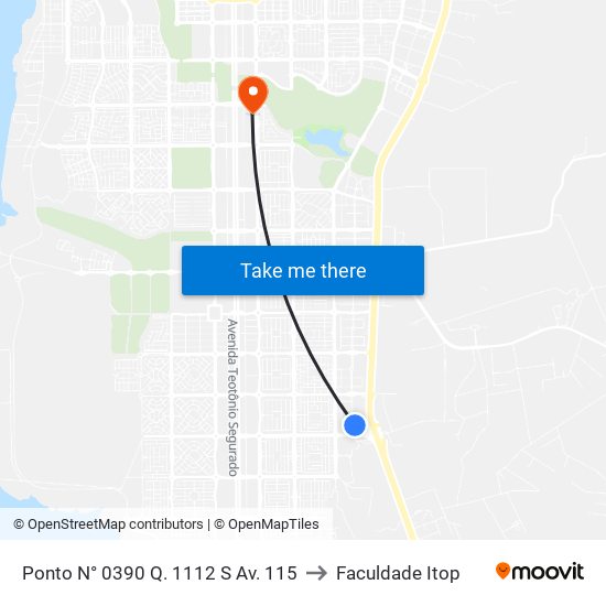 Ponto N° 0390 Q. 1112 S Av. 115 to Faculdade Itop map