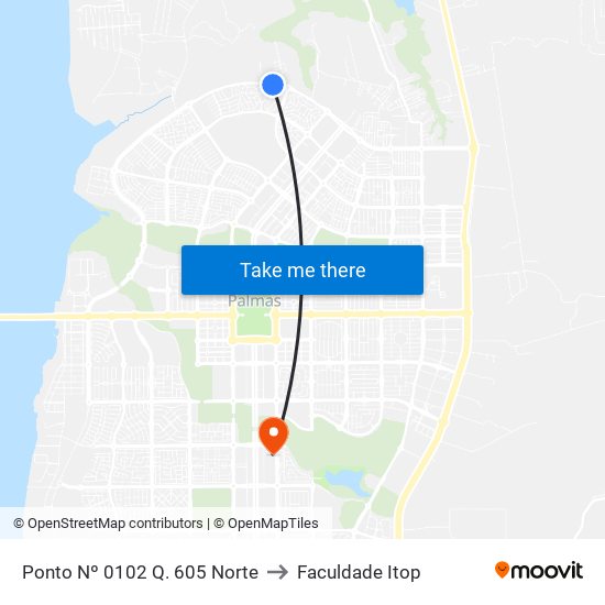 Ponto Nº 0102 Q. 605 Norte to Faculdade Itop map