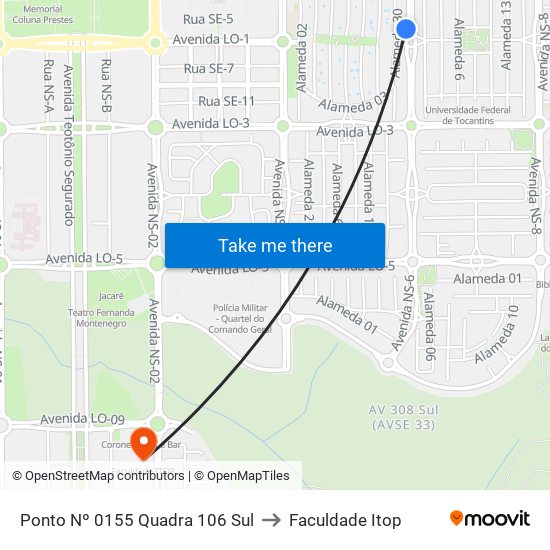 Ponto Nº 0155 Quadra 106 Sul to Faculdade Itop map