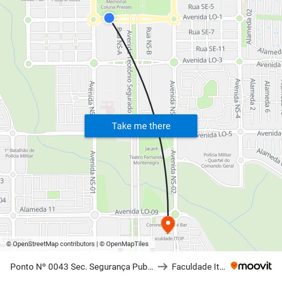 Av. Lo 1, 14 | Sec. Segurança Pública to Faculdade Itop map