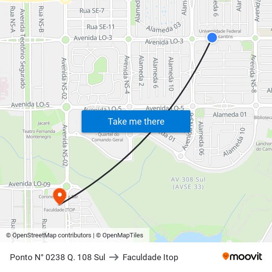 Ponto N° 0238 Q. 108 Sul to Faculdade Itop map