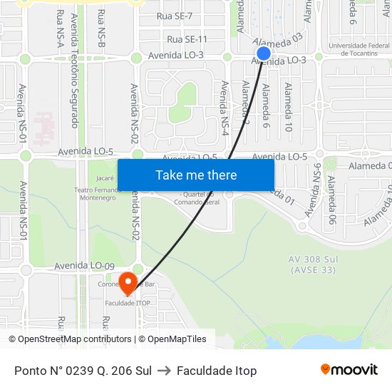 Ponto N° 0239 Q. 206 Sul to Faculdade Itop map