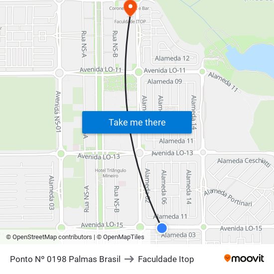 Ponto Nº 0198 Palmas Brasil to Faculdade Itop map