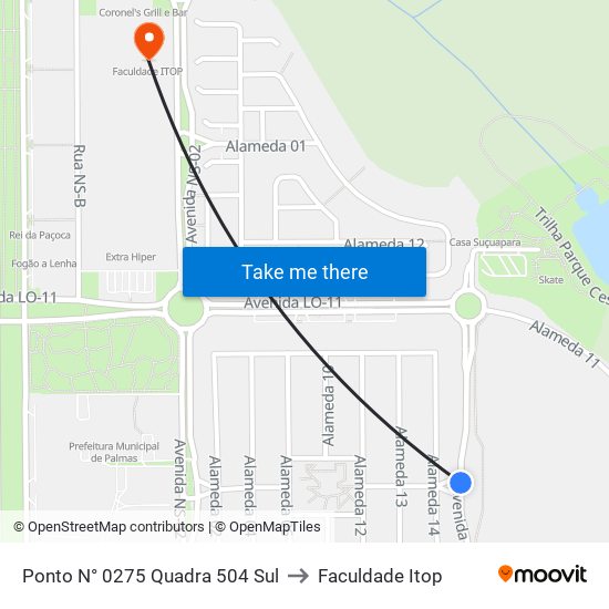 Ponto N° 0275 Quadra 504 Sul to Faculdade Itop map