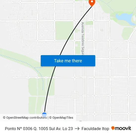 Ponto Nº 0306 Q. 1005 Sul Av. Lo 23 to Faculdade Itop map