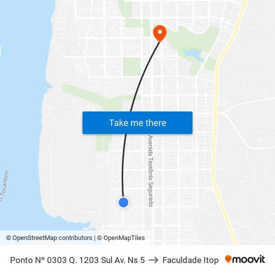 Ponto Nº 0303 Q. 1203 Sul Av. Ns 5 to Faculdade Itop map