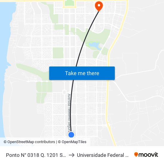 Ponto N° 0318 Q. 1201 S Av. Teotônio to Universidade Federal De Tocantins map