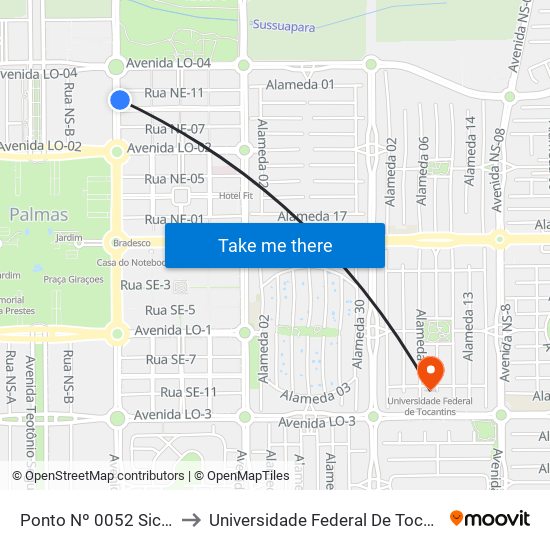 Ponto Nº 0052 Sicoob to Universidade Federal De Tocantins map