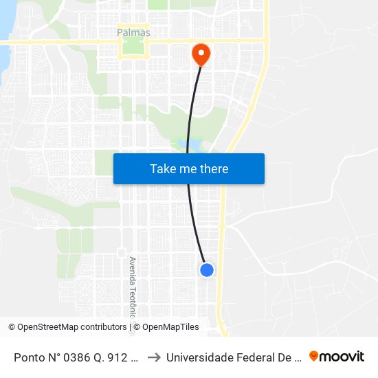 Ponto N° 0386 Q. 912 Sul Av. 95 to Universidade Federal De Tocantins map