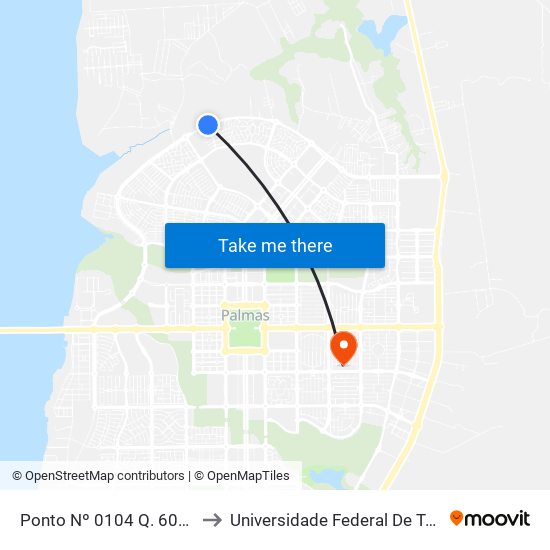Ponto Nº 0104 Q. 607 Norte to Universidade Federal De Tocantins map