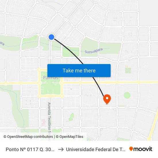 Ponto Nº 0117 Q. 301 Norte to Universidade Federal De Tocantins map