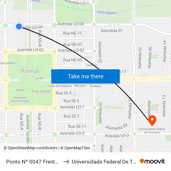 Ponto Nº 0047 Frente Senac to Universidade Federal De Tocantins map