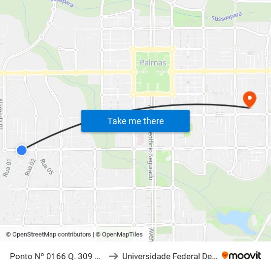Ponto Nº 0166 Q. 309 Sul Av. Lo 5 to Universidade Federal De Tocantins map