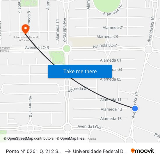 Ponto N° 0261 Q. 212 Sul Av. Ns 10 to Universidade Federal De Tocantins map