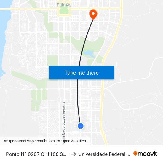 Ponto Nº 0207 Q. 1106 Sul Avenida Ns 4 to Universidade Federal De Tocantins map