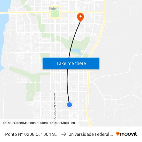 Ponto Nº 0208 Q. 1004 Sul Avenida Ns 4 to Universidade Federal De Tocantins map