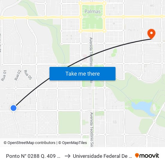 Ponto N° 0288 Q. 409 S Av. Ns 9 to Universidade Federal De Tocantins map