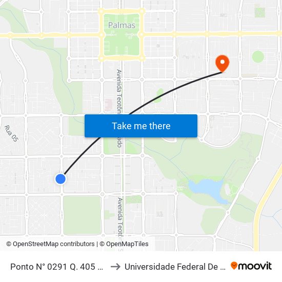 Ponto N° 0291 Q. 405 S Av. Ns 5 to Universidade Federal De Tocantins map