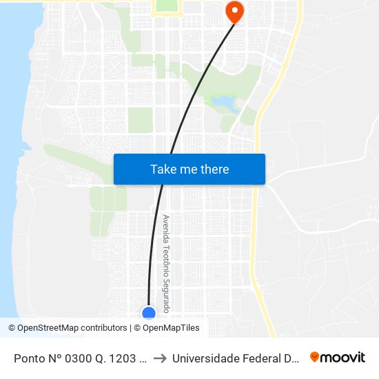 Ponto Nº 0300 Q. 1203 S Av. Lo 29 to Universidade Federal De Tocantins map