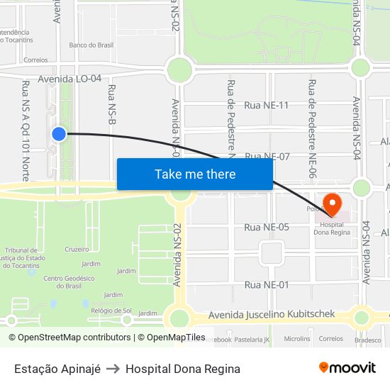 Estação Apinajé to Hospital Dona Regina map